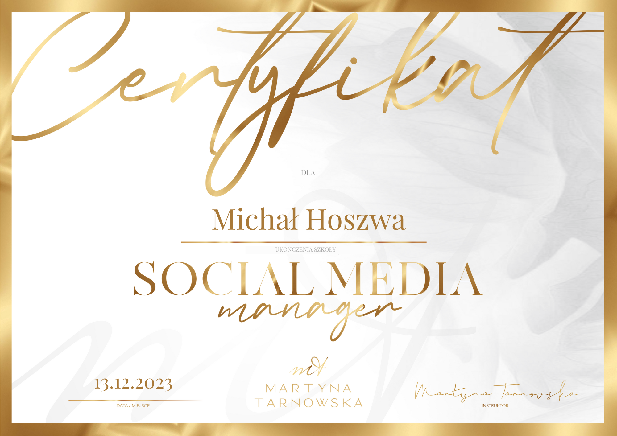 Certyfikat Social Media Manager - Michał Hoszwa